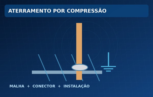 Ilustração técnica conceitual de malha de aterramento, conectores e ferramenta de compressão